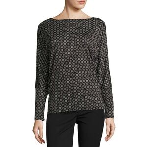 Black & White Geometric Print Boat Neck Wing Style Raglan Bat Long-Sleeve Shirt